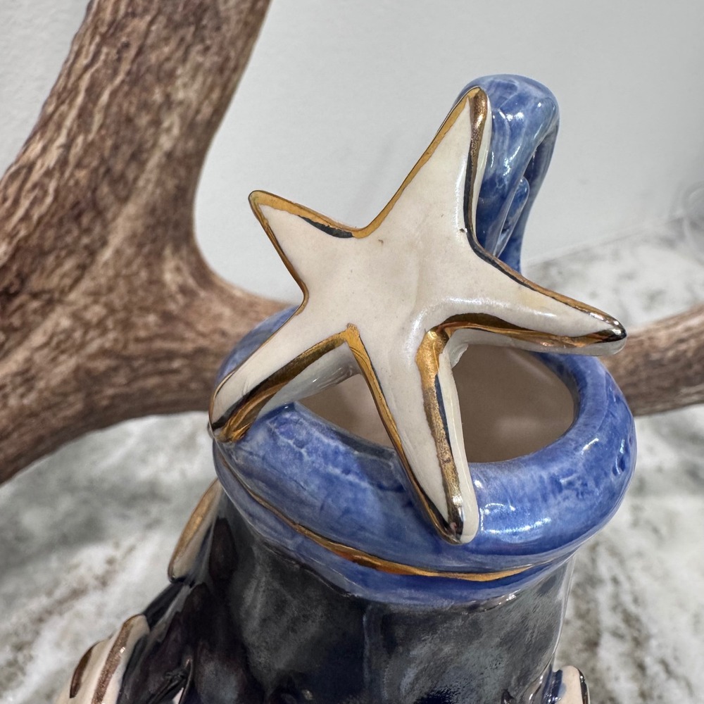 Heather Goldminc Blue Ceramic Star Luminary Candle Holder Gold Trim rare find - Picture 2 of 5